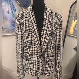 Ann Taylor Black and Cream Plaid Blazer Fringe Accent 16